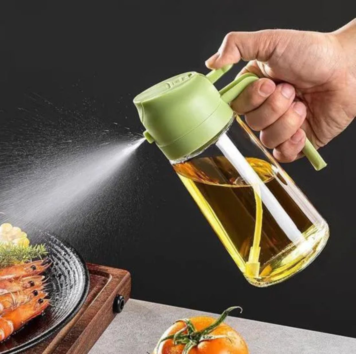 2-in-1 Oil Spray Bottle | Adjustable Mist & Dispenser | 470ml Leak-Proof Glass Container | For Cooking, BBQ, Baking & Air Fryer 500ml (Random Color)